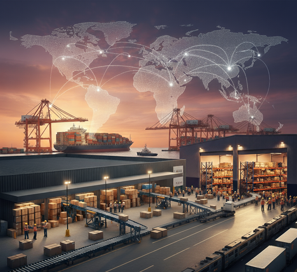 A cargo ship being loaded at a major international port.