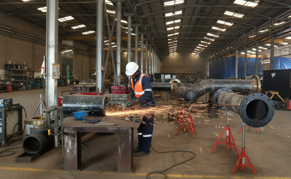 An oil wellhead and pumping station on a flat, dry piece of land.